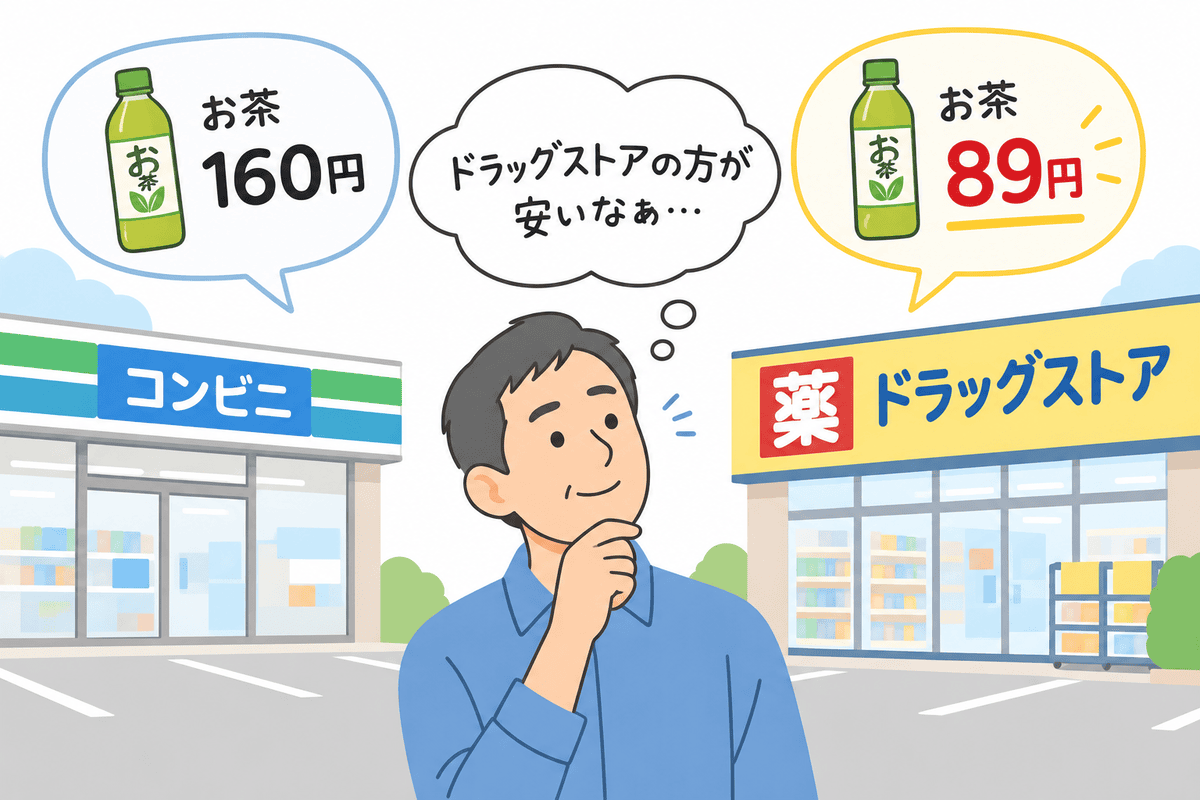 コンビニよりドラッグストアの方が飲み物が安いなあと考えてるイメージ